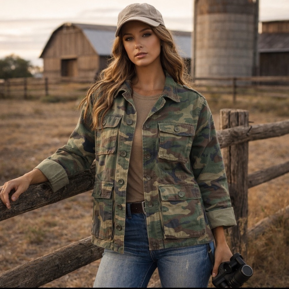 TNA Women’s Camouflage Cotton Green/Brown Jacket Multi Pockets Size XSmall